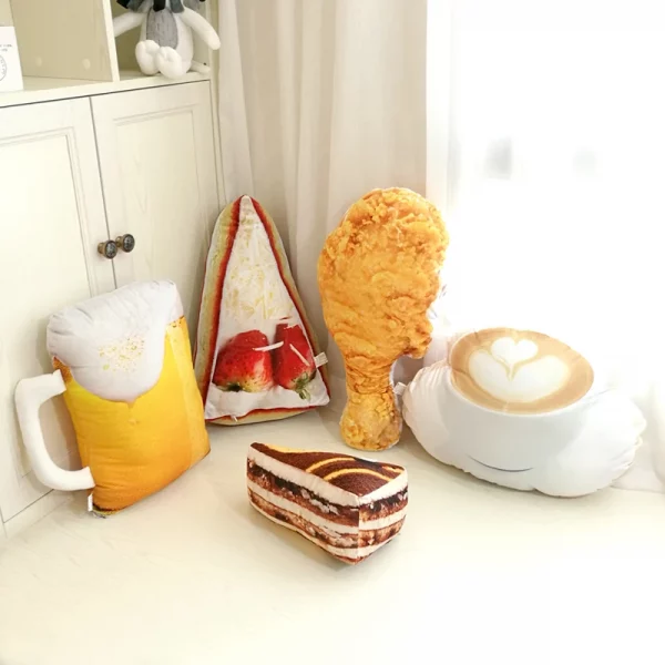 chicken legs beer strawberry cake and tiramisu plushies