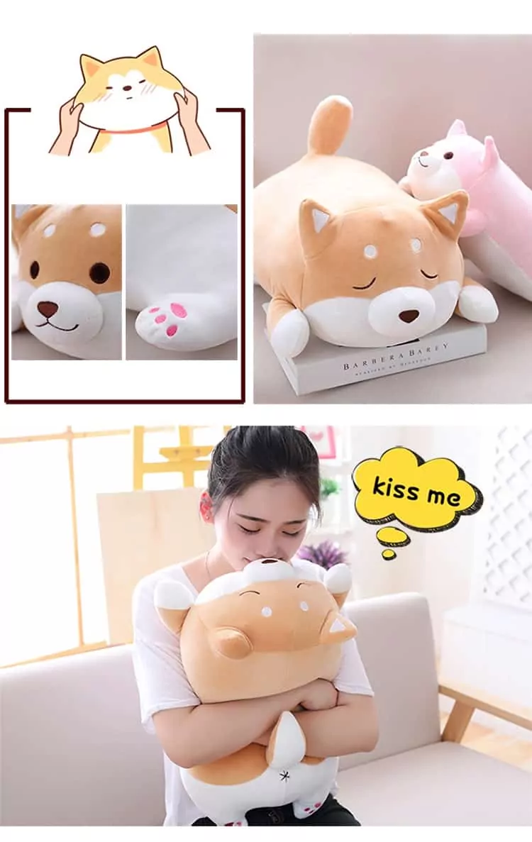woman hugging a cute fat shiba inu plush toy