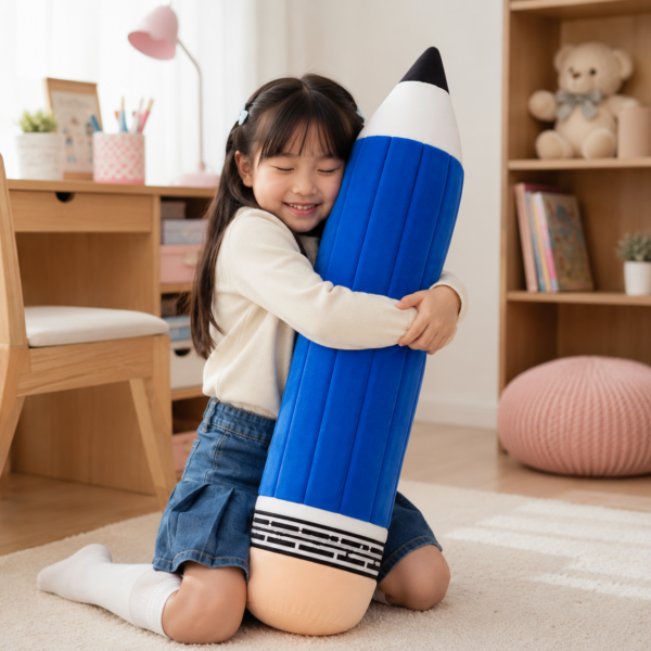 Kawaii Pencil Plush girl hugging blue pencil plush in bedroom