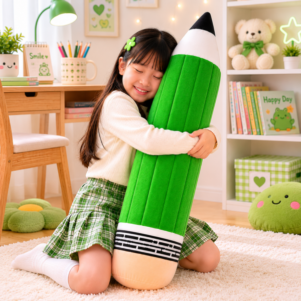 Kawaii Pencil Plush girl hugging green pencil plush in bedroom