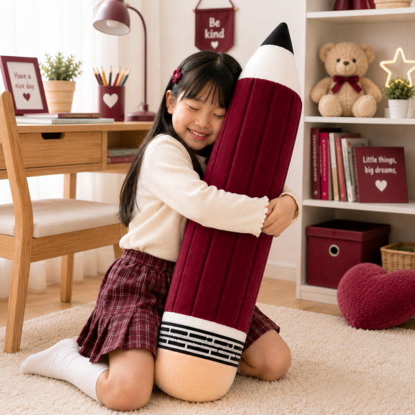 Kawaii Pencil Plush girl hugging maroon pencil plush in bedroom