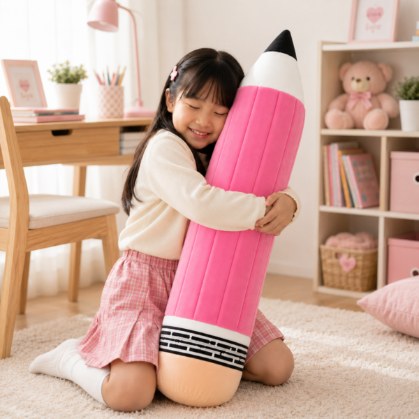 Kawaii Pencil Plush girl hugging pink pencil plush in bedroom
