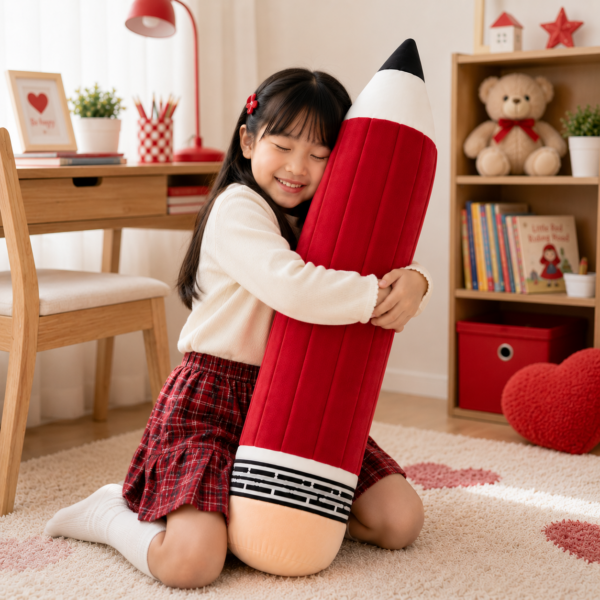 Kawaii Pencil Plush girl hugging red pencil plush in bedroom