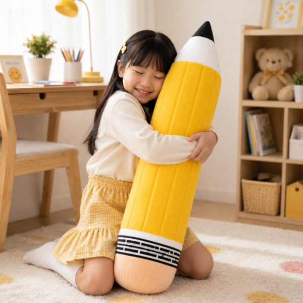 Kawaii Pencil Plush girl hugging yellow pencil plush in bedroom