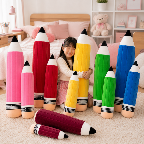 girl with colorful pencil plush collection