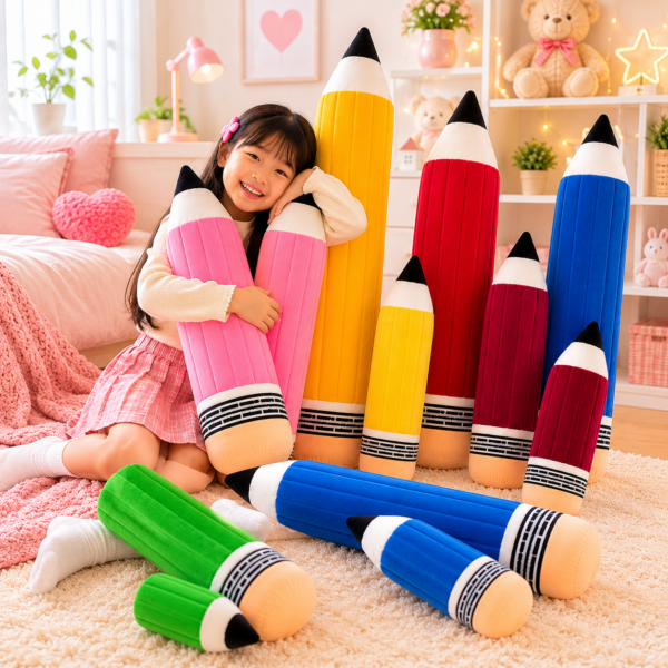 Kawaii Pencil Plush girl with pink yellow red blue pencil plush display