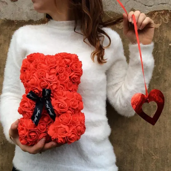 Artificial Rose Flower Teddy Bear woman holding a red artificial rose teddy bear