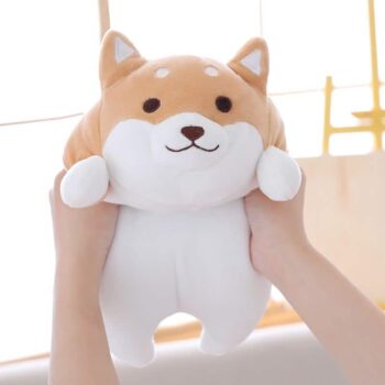 holding a cute fat shiba inu plush toy