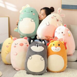 woman sitting beside different japanese squishmallows plush