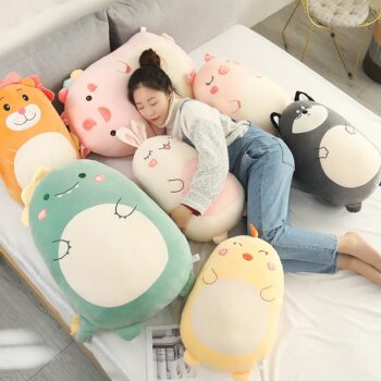 woman sleeping beside different japanese squishmallows plush
