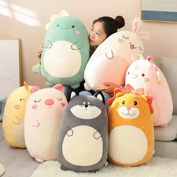 woman sitting beside different kawaii japanese squishmallows plush