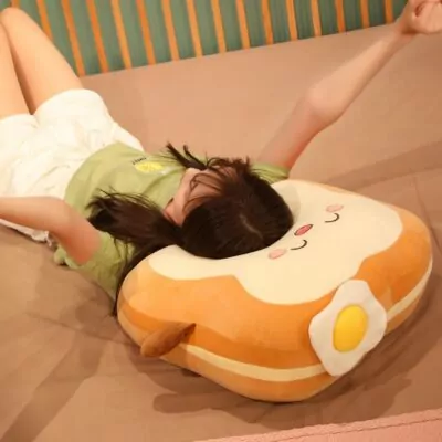Woman smiling while holding a Kawaii Japanese Loaf Bread Plush