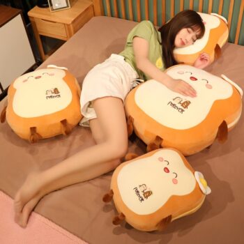 Woman sleeping on four Kawaii Japanese Loaf Bread Plush
