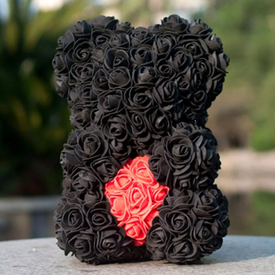 Artificial Rose Flower Teddy Bear - black with heart