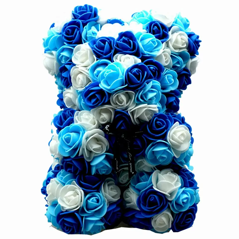 Artificial Rose Flower Teddy Bear - blue white