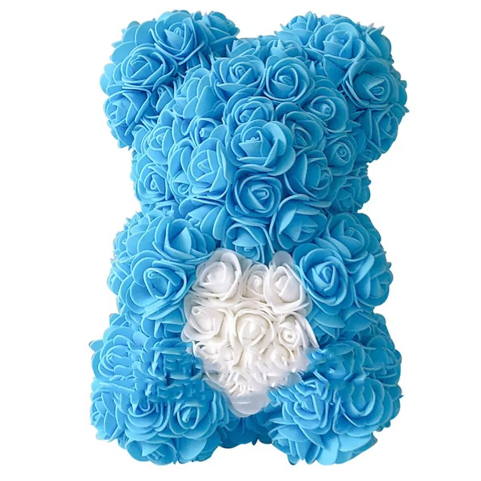 Artificial Rose Flower Teddy Bear - blue with heart