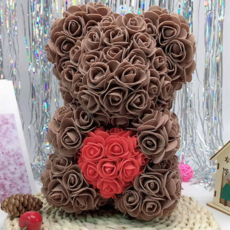 Artificial Rose Flower Teddy Bear - brown with heart