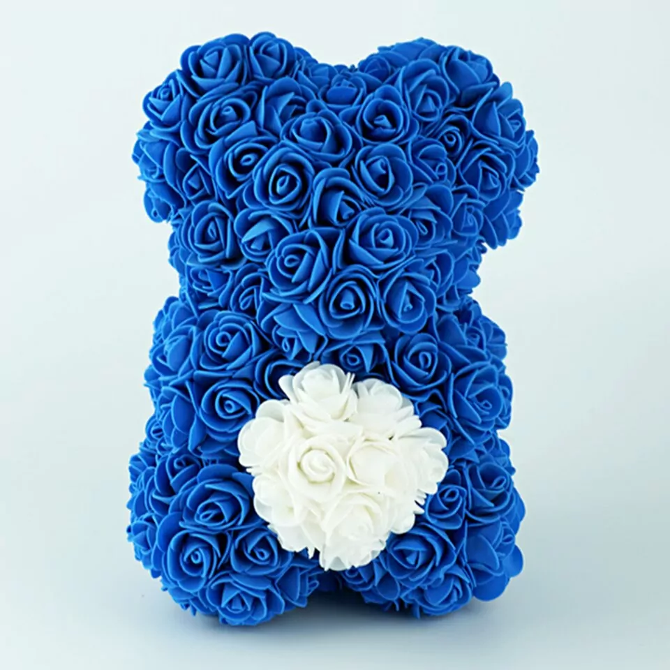 Artificial Rose Flower Teddy Bear - deep blue with heart