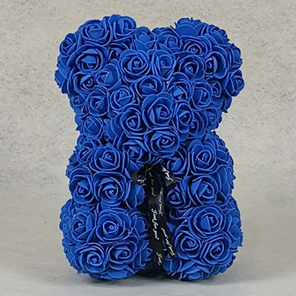 Artificial Rose Flower Teddy Bear - Deep Blue