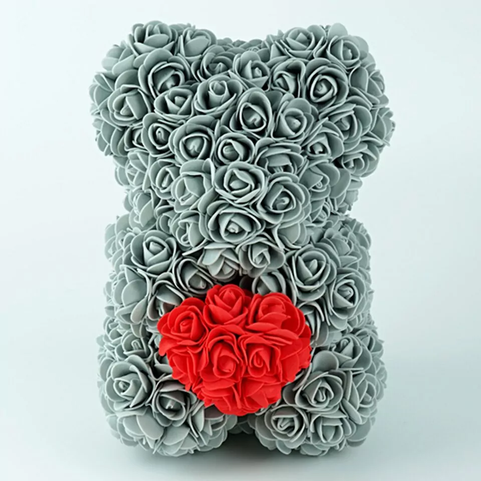 Artificial Rose Flower Teddy Bear - gray with heart