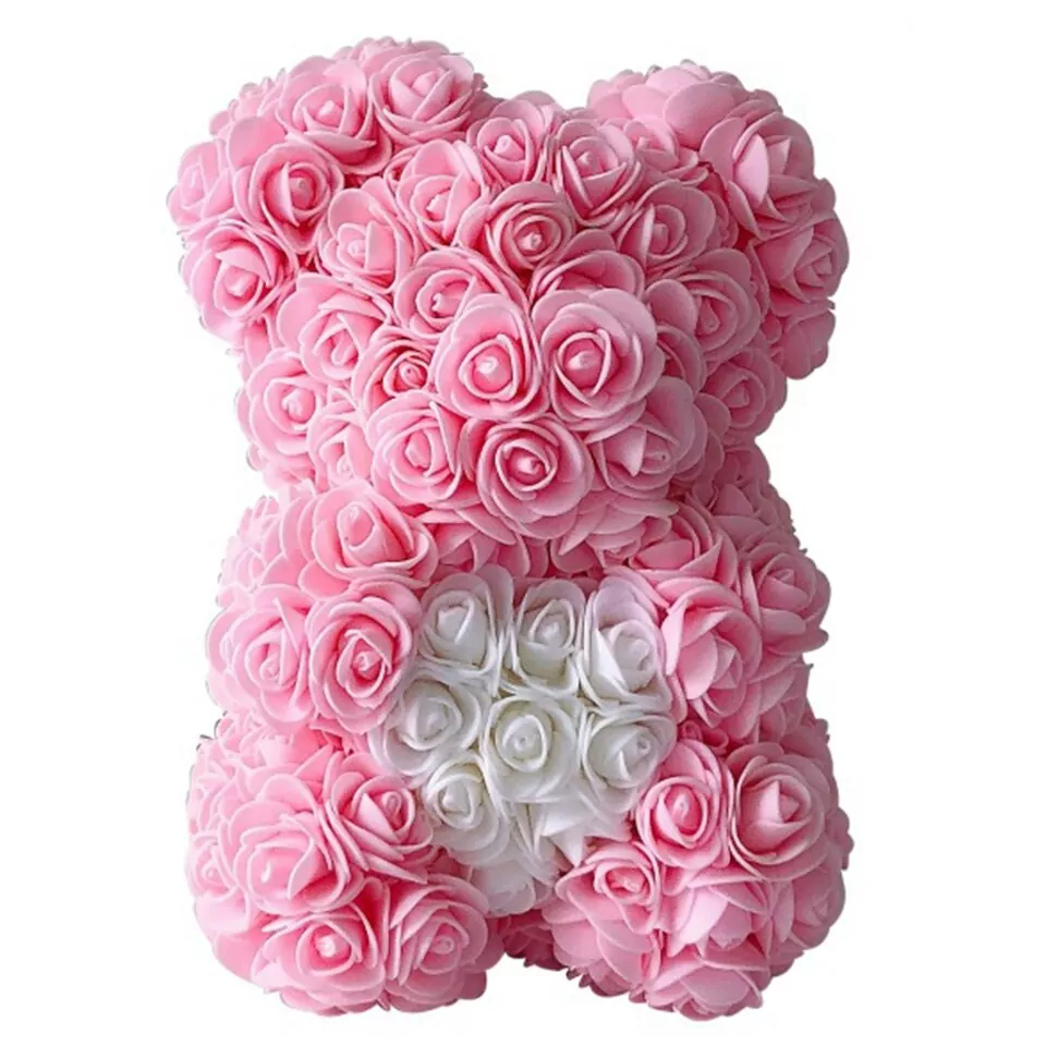 Artificial Rose Flower Teddy Bear - pink with heart