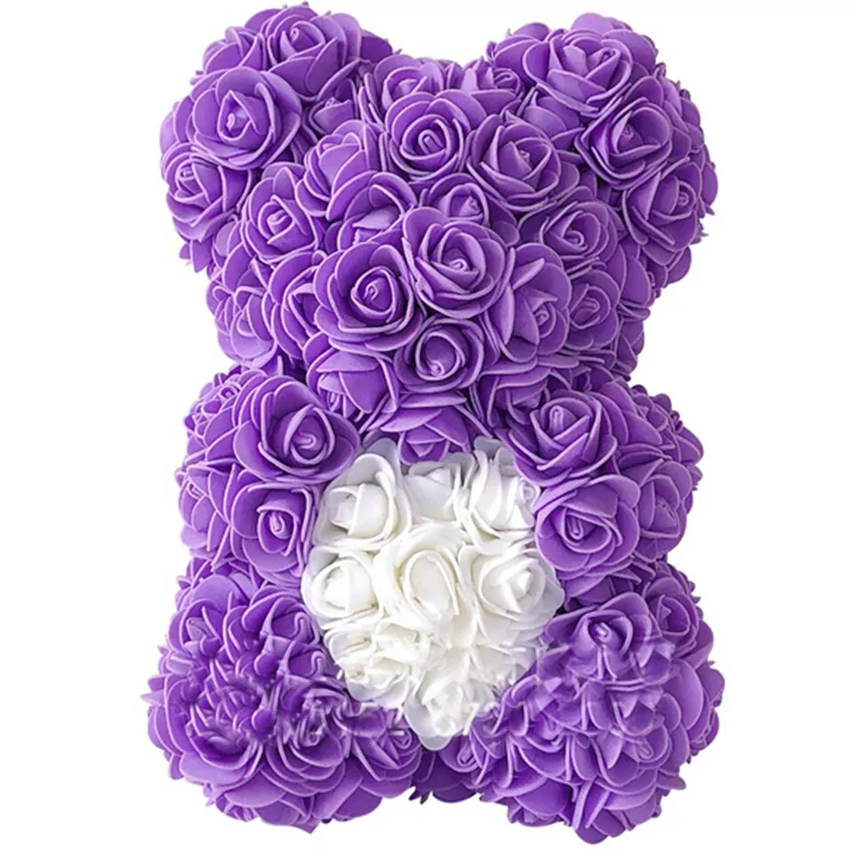 Artificial Rose Flower Teddy Bear - purple with heart