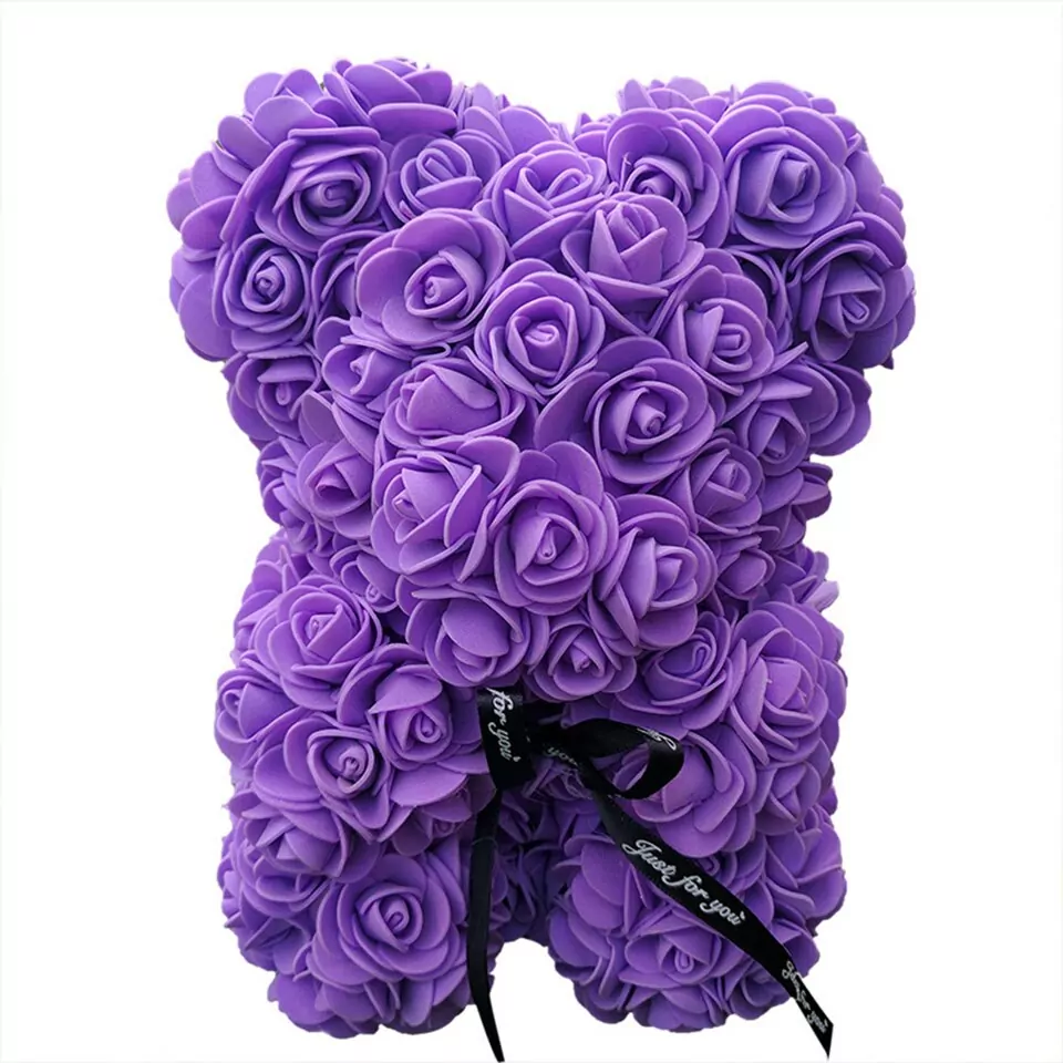 Artificial Rose Flower Teddy Bear - Purple