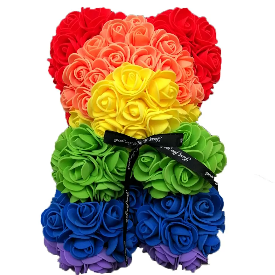Artificial Rose Flower Teddy Bear - rainbow