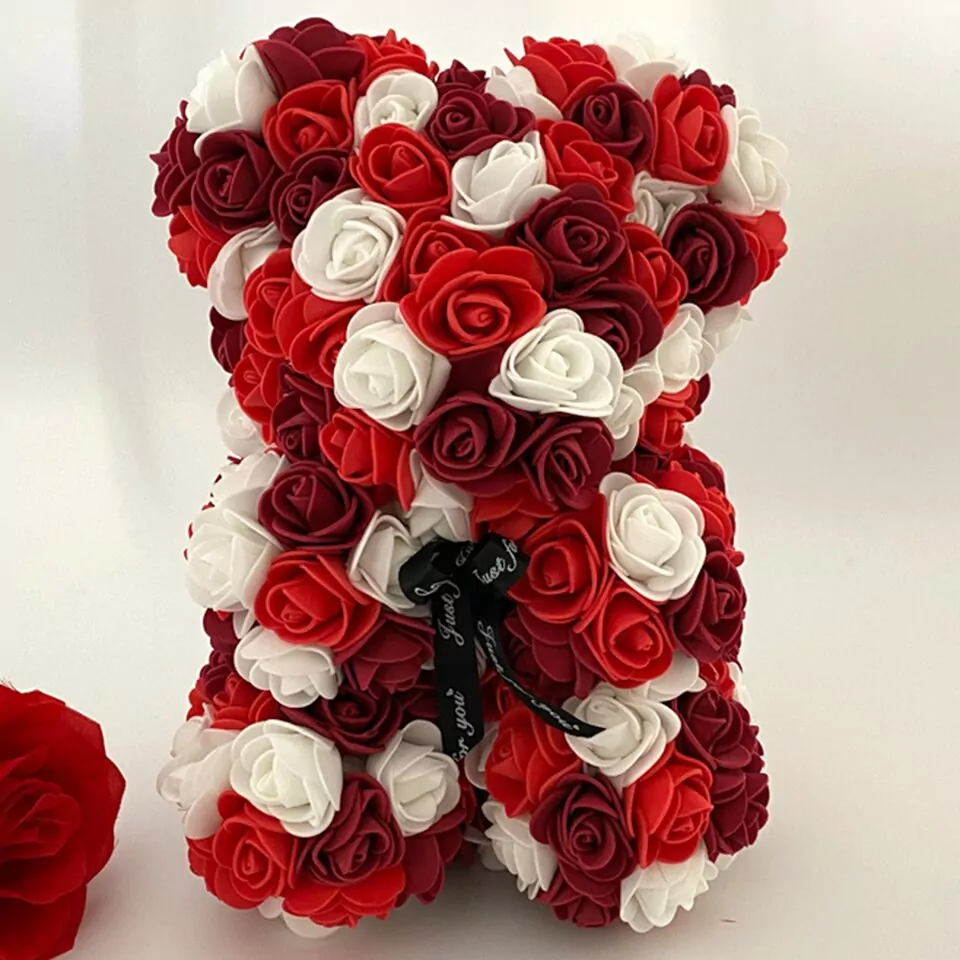 Artificial Rose Flower Teddy Bear - red white