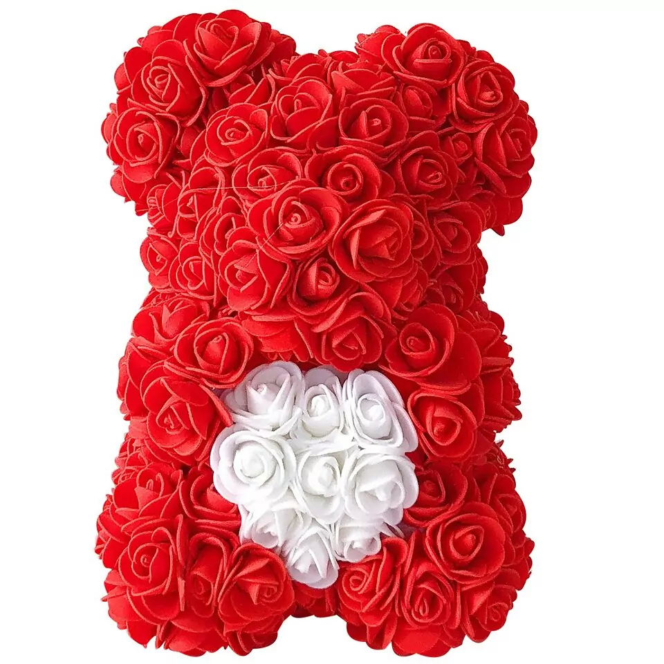 Artificial Rose Flower Teddy Bear - red with heart