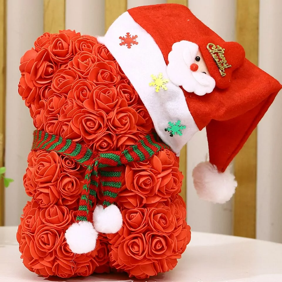 Artificial Rose Flower Teddy Bear - red xmas