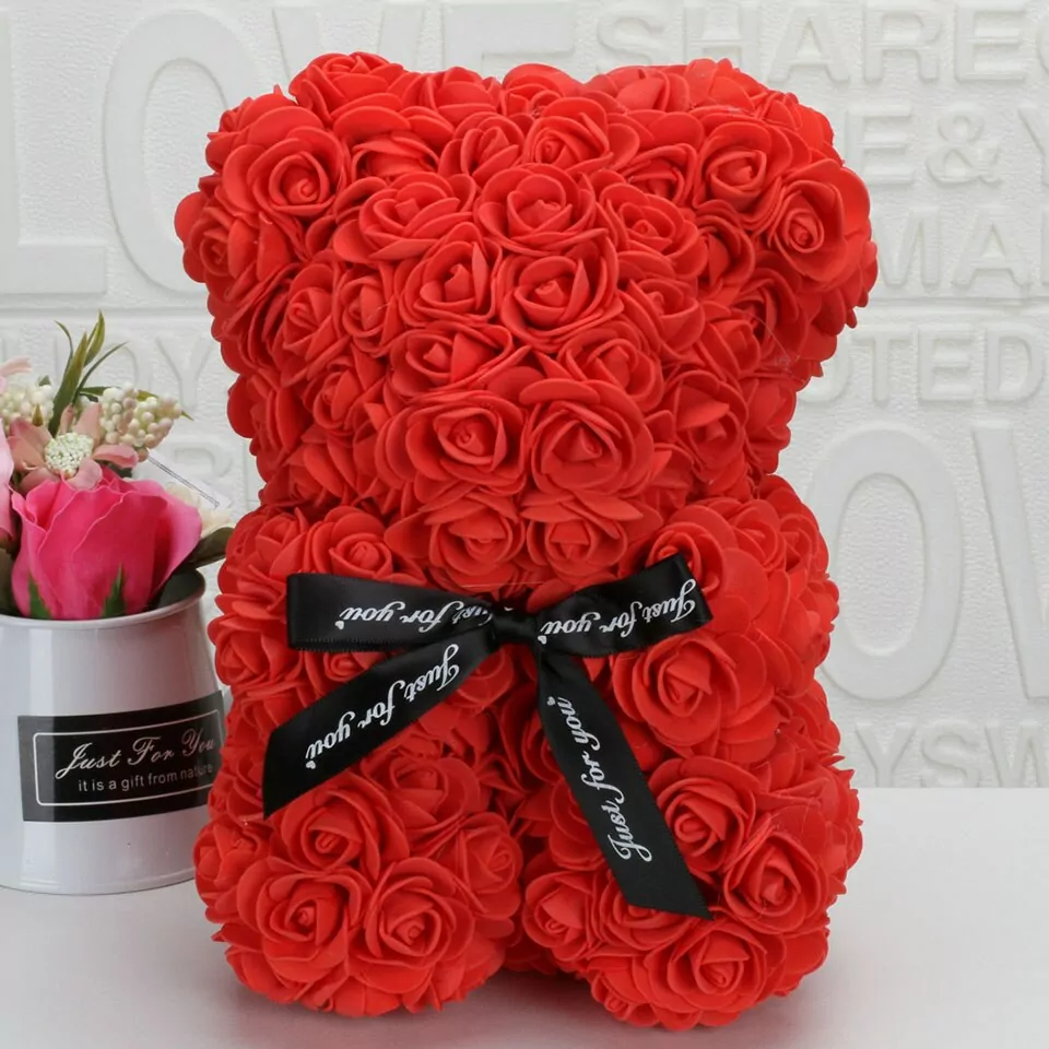 Artificial Rose Flower Teddy Bear - Red