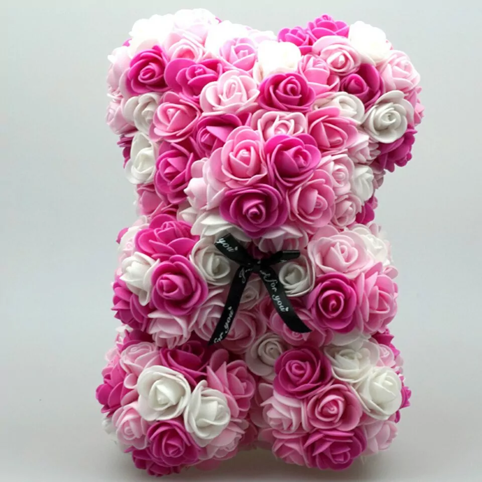 Artificial Rose Flower Teddy Bear - reos white