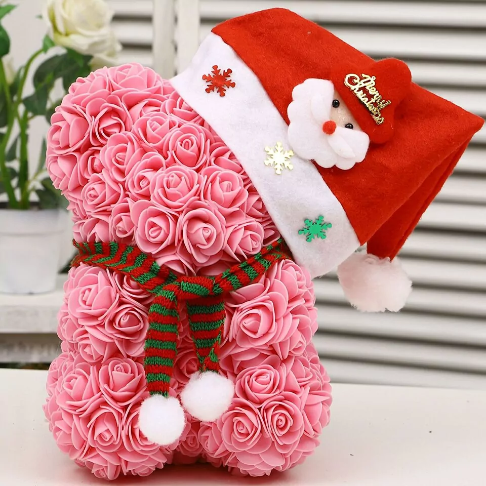 Artificial Rose Flower Teddy Bear - rose pink xmas