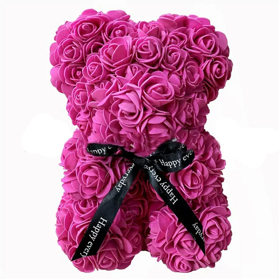 Artificial Rose Flower Teddy Bear - Rose Red