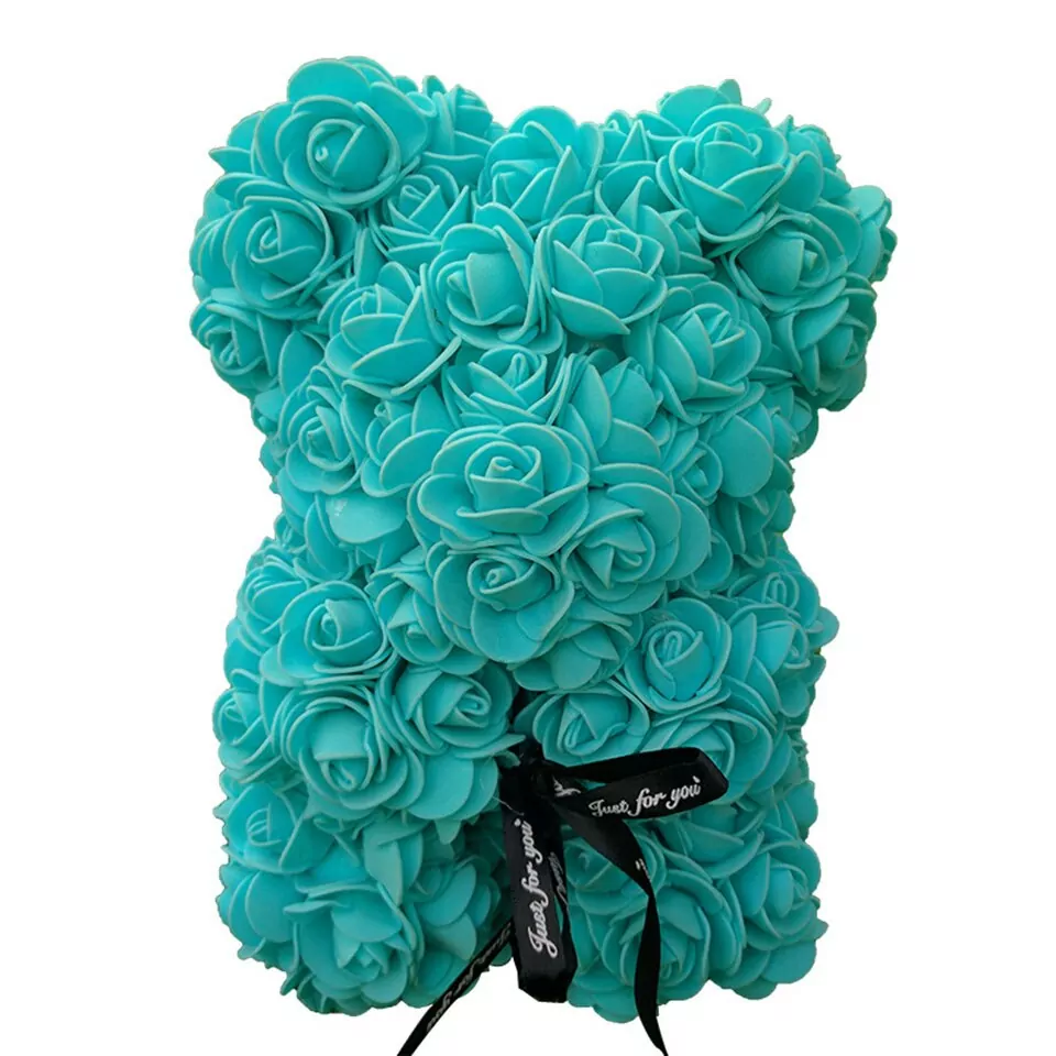 Artificial Rose Flower Teddy Bear - Tiffany Blue