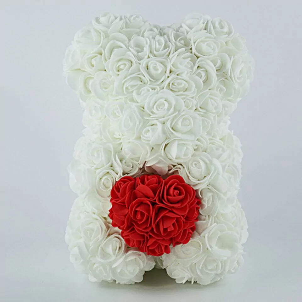 Artificial Rose Flower Teddy Bear - white wth heart