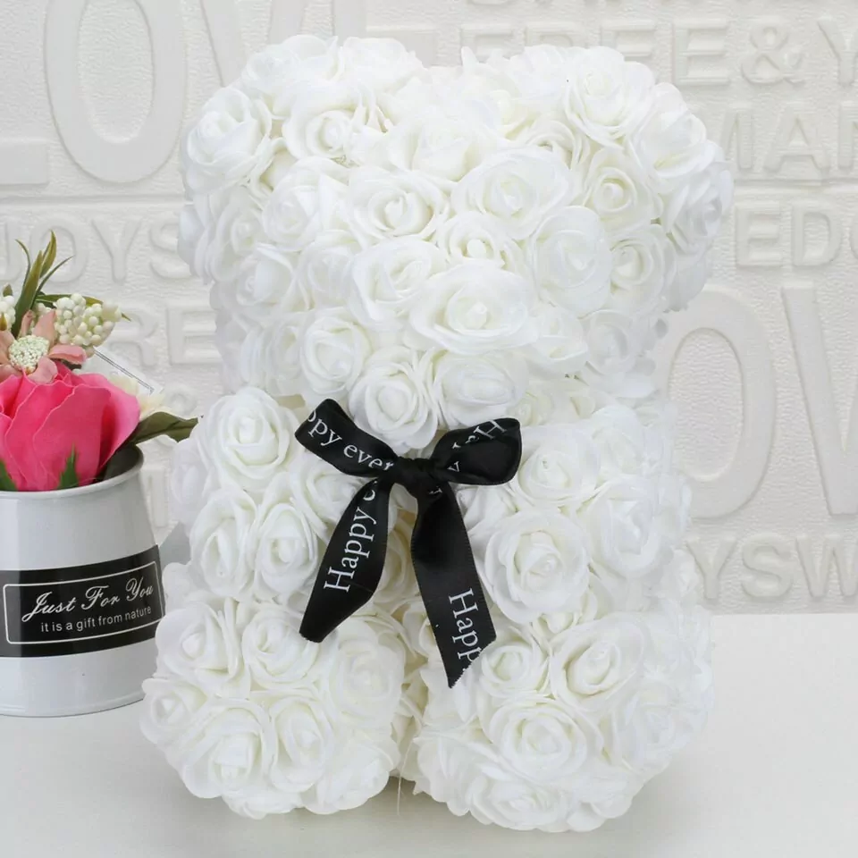 Artificial Rose Flower Teddy Bear - White