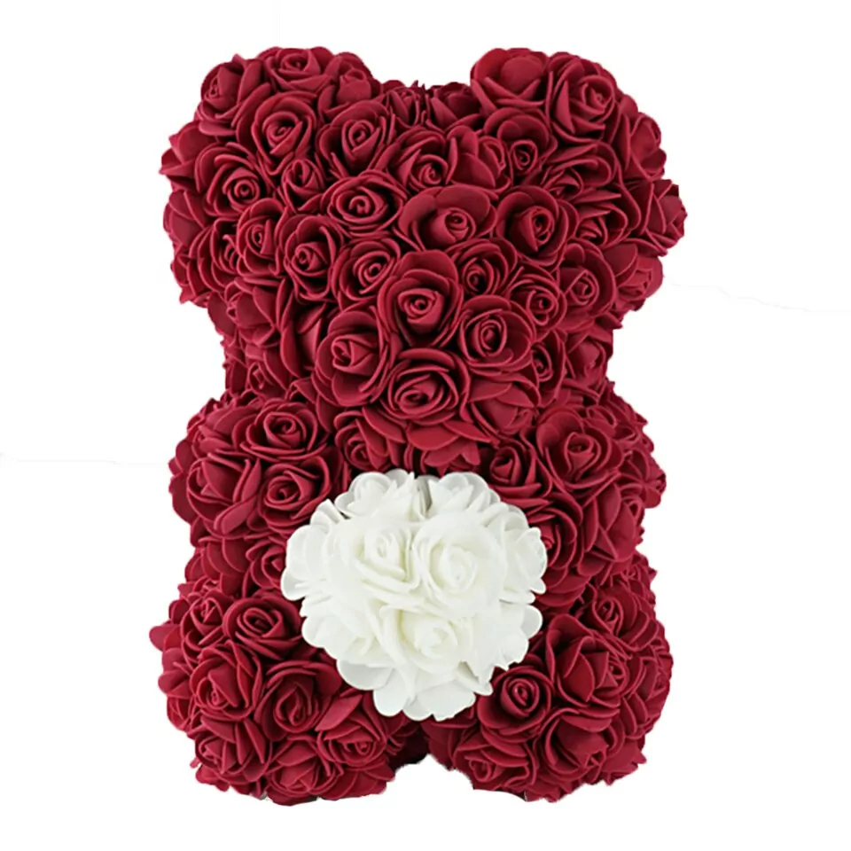 Artificial Rose Flower Teddy Bear - wine red with heart