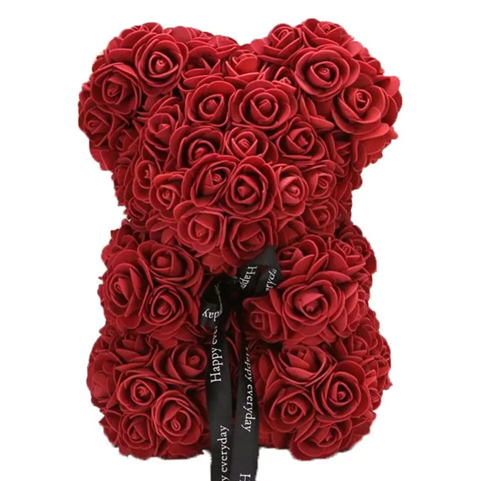 Artificial Rose Flower Teddy Bear - wine red