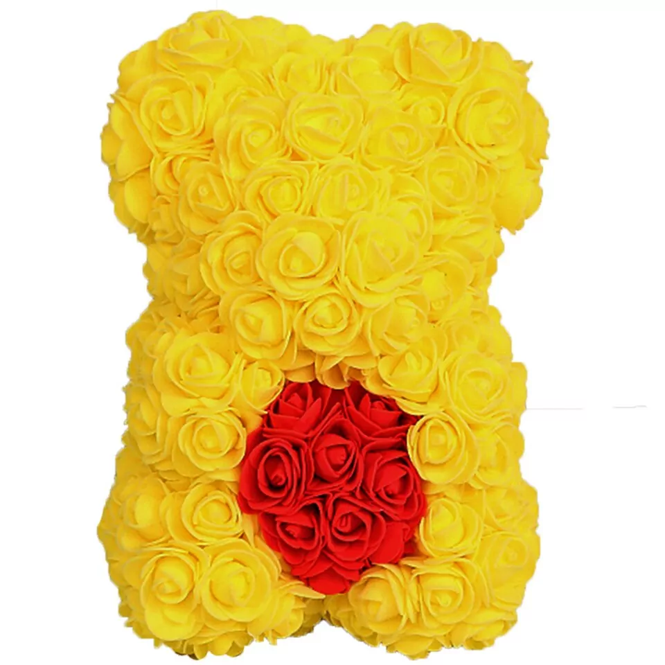 Artificial Rose Flower Teddy Bear - yellow with heart