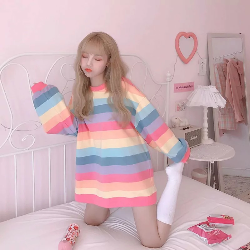 Harajuku Style Kpop Striped Loose Sweatshirt