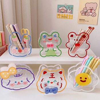 Kawaii Cartoon Transparent Pen Holder Desktop Organizer