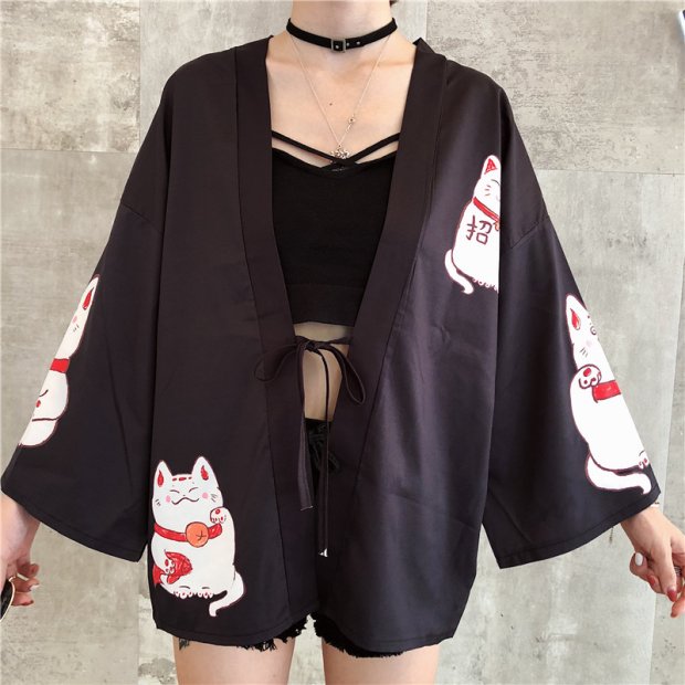 Unisex Cotton Kimono - White and Black Kitty