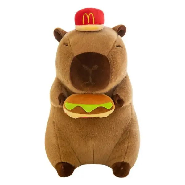 A single capybara plush toy wearing a red hat and holding a plush hamburger, standing upright on a white background.