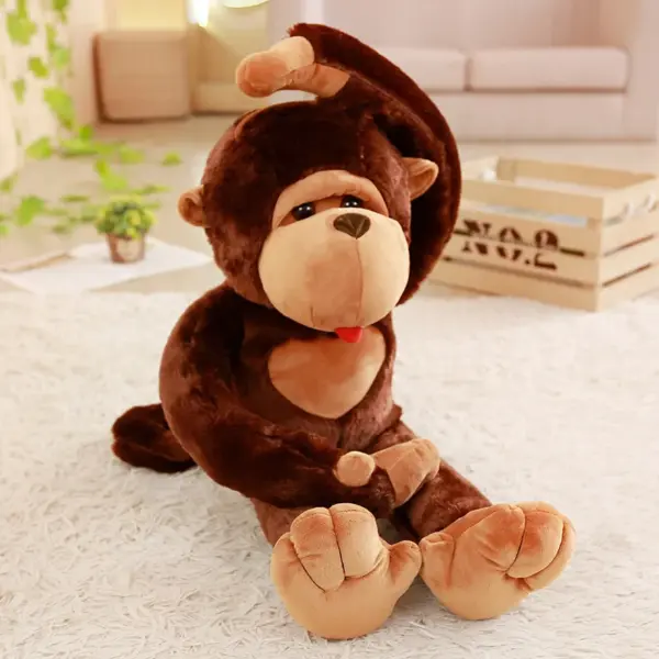 Kawaii Monkey Soft and flexible monkey stuffed animal stretching its arms in a playful pose on a carpet.