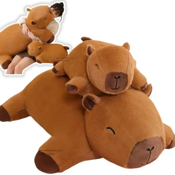 Giant Capybara Plush Two giant capybara plush toys in different sizes, one resting on top of the other, with a person holding one in an inset image.