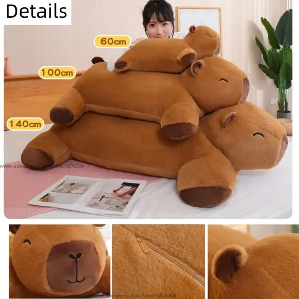 Giant Capybara Plush Stack of giant capybara plush toys in three different sizes (60cm, 100cm, and 140cm), with close-up details of the plush material and zippers.