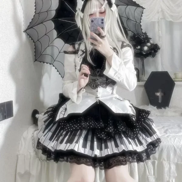 Gothic Lolita Piano Key Wave Dot Lace Skirt