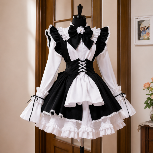 Maid Dress Black and white lolita maid dress with ruffle shoulders, bow collar, and lace hem on dress form